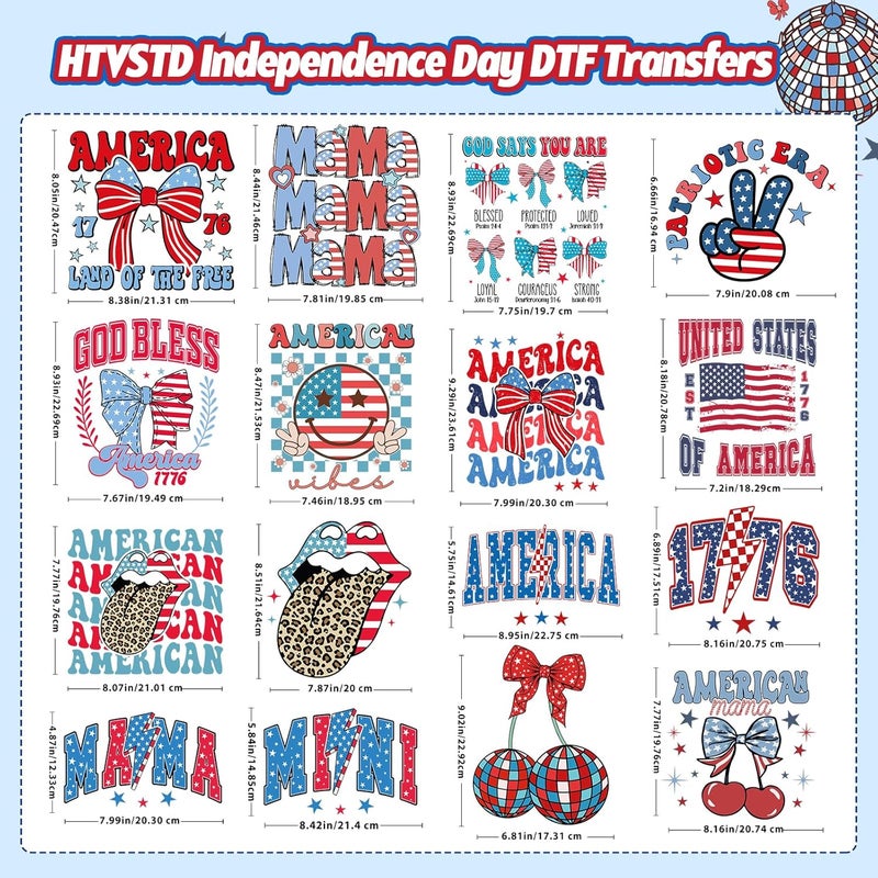 HTVSTD 32 Sheets 4th of July Iron on Transfers Independence Day DTF Transfers Ready to Press American Flag Iron on Decals for T-Shirts Heat Transfer Vinyl Iron on Decals for DIY Patches Decals - Image 2